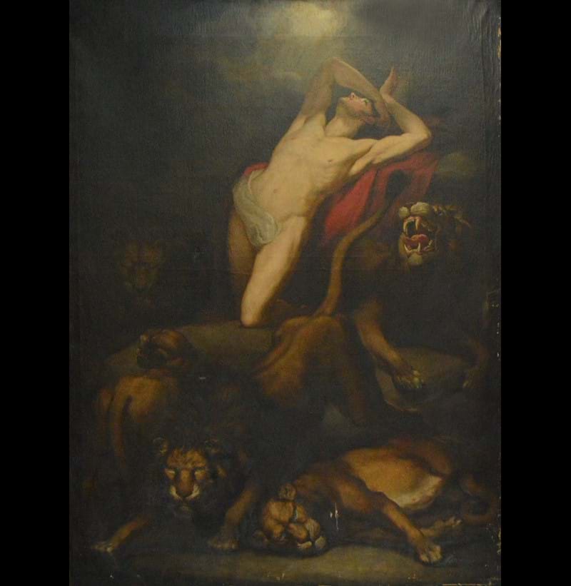 JAMES NORTHCOTE (1746-1841); a large oil on canvas "Daniel in the Lion's Den".
